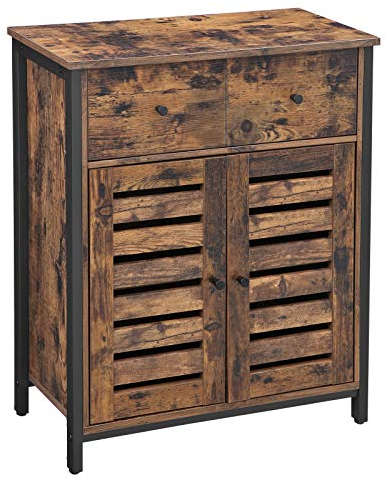 VASAGLE Bodenschrank, freistehender Schrank mit 1 Schublade und Ablage, Küchenschrank, Lamellentüren, für Wohnzimmer, Flur, Büro, Schlafzimmer, rustikales Braun LSC86BX