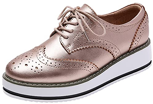 ANUFER kvinnors snörningsbrogues träningsskor skor vardaglig plattform creepers, Guld matt, 39 EU