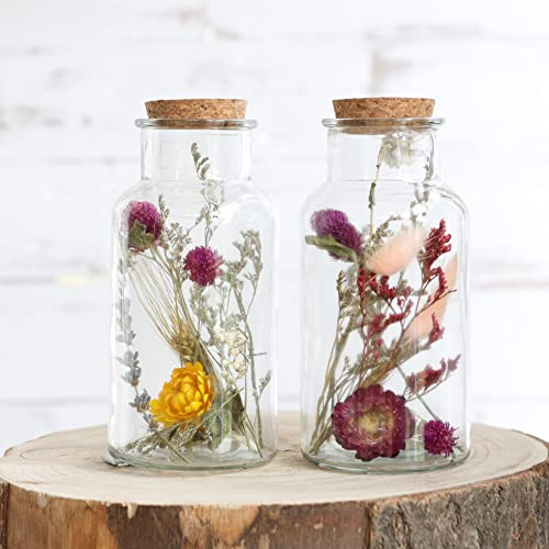 Comforder Trockenblumen im Glas mit Korken 2er Set, getrocknete Blumen-Deko in breitem Glas (groß / bunt)