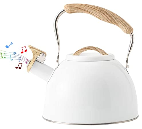 Bouilloire à sifflet Moderne en Acier Inoxydable pour Les Feux, Bouilloire sifflante avec poignée Grain Bois, Bouilloire pour thé et café, Max. 3 l, Fil Platine
