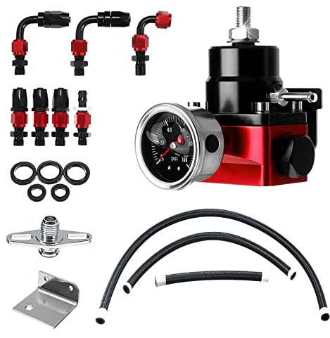 EFI Fuel Pressure Regulator Kit with Bypass Return 0-100psi Pressure Gauge 6AN Fuel Line Adjustable Universal(Black & Red)