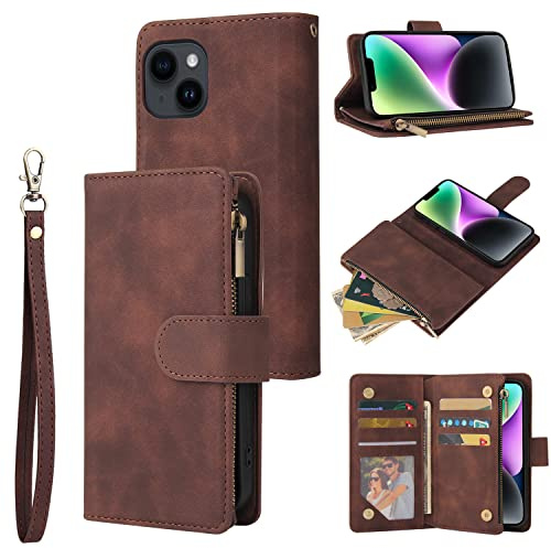QLTYPRI Case for iPhone 14, Large Capacity Leather Wallet Case 6 Card Holder & 1 Zipper Pocket Kickstand Wrist Strap Magnetic Case for iPhone 14 - Coffee Brown