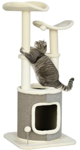PawHut Kratzbaum mit Katzenhöhle, Plattform, Öffnung, 110 cm, Cremeweiß | Kletterbaum, Katzenbaum, Katzenkratzbaum, Katzenmöbel Mit Spielball, Sisalsäule