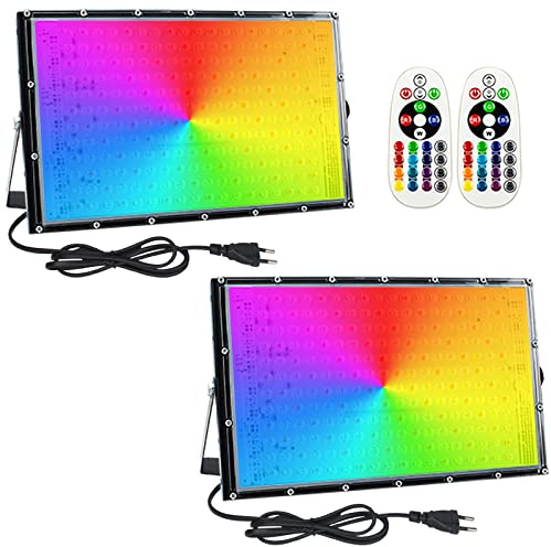 Utomhus RGB LED-projektor, 150 W, 2 st LED-projektor, färg LED-spotlight, utomhus, trädgård, 16 färger, 4 lägen med fjärrkontroll, IP65, vattentät, för trädgård, träd, fest, barfest