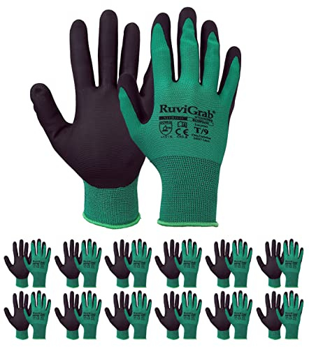 Ruvigrab - Guante de Trabajo jardineria| Guantes anti-grasas| Guantes jardin |Guantes para mecanicos, Construcción, Agricultura | Guante trabajo hombre y mujer | Pack 12 Pares