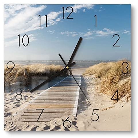 DEQORI Glasuhr | 30x30 cm | Motiv Strandaufgang am Meer | ausgefallene leise Design Uhr aus Glas | Wanduhr für Wohnzimmer & Küche | moderne Hingucker Uhr für die Wand