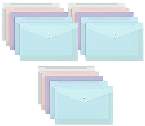 Bunt Dokumententasche A4, Sichttasche Durchsichti Kunststoff, 15 Pack Datei Taschen mit Druckknopf, Dokumenten-Mappen, Dokumentenmappe A4 Transparent, Dokumententasche mit Druckknopf