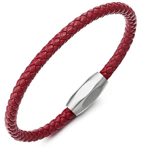 COOLSTEELANDBEYOND Sottile Rosso Pelle Intrecciata Braccialetto da Uomo Donna, Bracciale Fascia di Polso, Acciaio Ovale Chiusura Magnetica