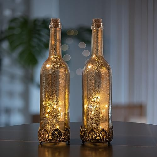Jinfa 2er-Set Laternen Flaschenlichter mit batteriebetrieber LED-Lichterkette Stimmunglichter Dekoflasche Geschenk | Königliches Gold | Ø 8 cm × H 30cm