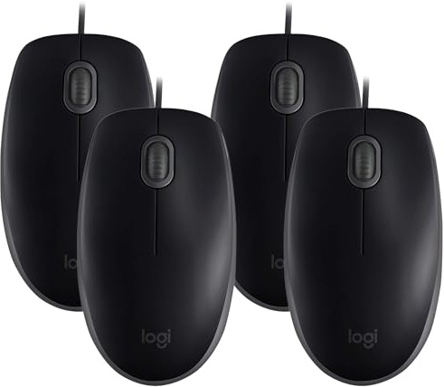 Logitech B110 Ratón con Cable USB, Silencioso, 2.4 GHz con Nano-Receptor, Seguimiento Óptico 1000 dpi, Batería 18 Meses, 3 Botones, Ambidiestro, PC/Mac/Portátil - Negro (Paquete de 4)