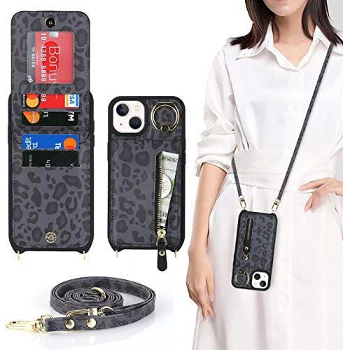 CAVOR Handykette Handyhülle Kompatibel mit iPhone 14/13 Hülle Mit Band,Flip Leder Geldborse Hülle,[4 Kartenfach][Mit Ring][Reißverschluss],Handytasche zum Umhängeband - Schwarz Leopard