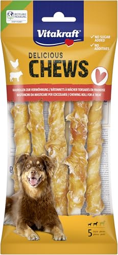 Vitakraft Chews, Hundesnack, Kaurolle zur Belohnung, aus getrockneter Rinderhaut, umwickelt mit magerem Hühnchenfleisch, fettarm, für mittelgroße Hunde (1x 5 Stück)