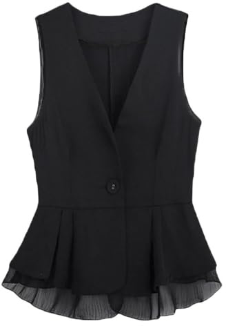 CuLtP Ärmelloser Blazer Für Damen, Weste Aus Chiffon Mit V Ausschnitt, Einfarbig, Lässig, Ärmellos, Strickjacke, Kurze Weste, Y2K Anzugweste, Sommermantel, Schwarz, L