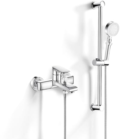 Jacurley Miscelatore per Vasca da Bagno con Set Doccia, Sistema con Asta da 635 mm, Soffione e Tubo da 1,5 m, Cromato