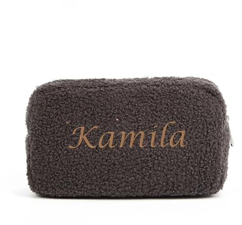 Personlig broderad teddy makeupväska anpassat namn fluffig sminkväska resväska necessär kvinnor accessoarer för kvinnor födelsedag, bröllop, brudtärna gåva, Svart