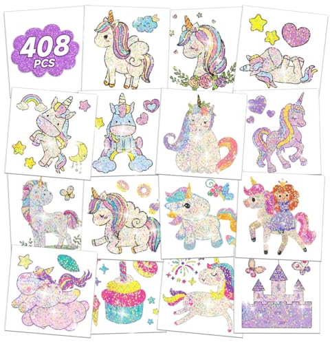 408 pièces de tatouage temporaire individuel enfants pour les filles de la fête des préférences, des autocollants de tatouage paillettes pour les enfants, le thème de la licorne décorations de fête