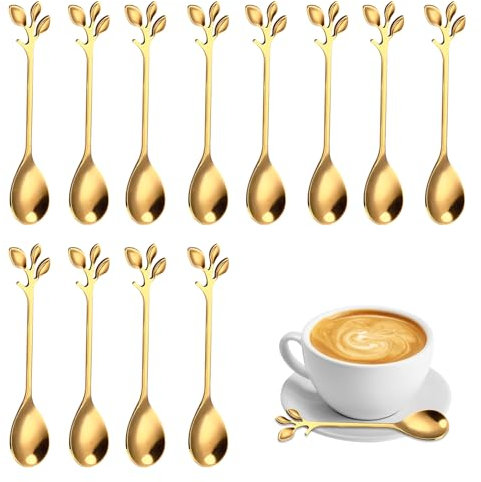 12 Pièces de Cuillère à Café en Feuille D'acier Inoxydable, Mini Cuillère à Dessert Design Branche pour l'eau, thé, lait (Or)