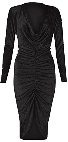 Robe moulante à manches longues en velours froncé sur le devant et col bénitier pour femme, Noir , 44-46