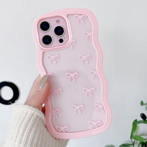 QLTYPRI Coque pour iPhone 12/12 Pro, Étui Clair et Mignon Nœud Ruban de Portable Esthétique Vague Bouclée, Housse Protectrice Antichoc Mince et Douce Transparent pour Femmes Filles - Rose