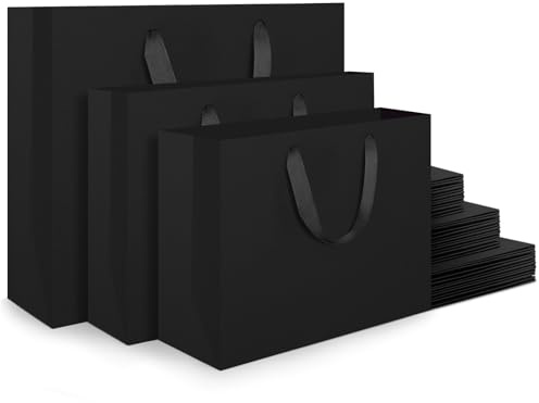 EUSOAR Papiertüten Verschiedene Größen - 30 Stück Schwarz Geschenktaschen mit Henkel - 250GSM Papier Tüten Gift Bag - S M L Geschenktüten Verschiedene Größen Set Verpackungstüten