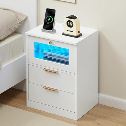 TUKAILAi Bedside Table with Charging Station and LED Lights, Bedroom Wooden Bedside Cabinet with 2 Drawers, Storage Nightstand Cupboard, Living Room End Table Storage Unit