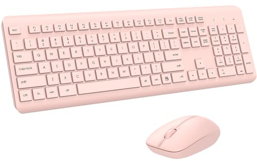 Combinazione tastiera e mouse wireless, tastiera e mouse ergonomici silenziosi, lunga durata della batteria, mouse ottico, 2,4 G, senza lag, tastiera per computer, Mac, laptop, PC, Windows (rosa)