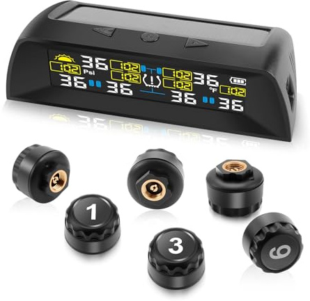 KAOLALI Sistema di Controllo della Pressione degli Pneumatici, mit 6 modalità di Allarme, Carica Solare e Funzione di Ricarica USB, con Display LCD colorato e 6 sensori di Pressione degli (0-144PSI)