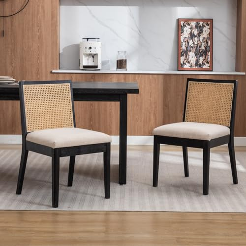chairus 2er-Set Esszimmerstuhl Rattan, Massivholzrahmen, Leinen/Schwarz | Retro Holzstühle mit natürlicher Rattan-Rückenlehne, weichem Leinenstoff und Holzgestell, für Esszimmer, Küche, Wohnzimmer