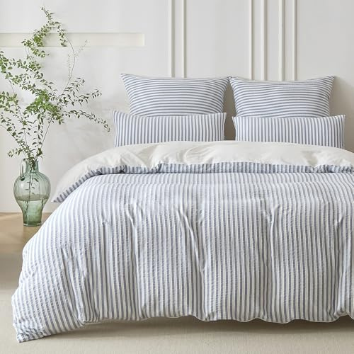SOULFUL Bettwäsche 200x200 Baumwolle Gestreift Jacquard Oeko-TEX Denimblau | Gewaschene Baumwolle Boho Bettwäsche-Sets mit Reißverschluss Atmungsaktiv Enthält 1 Bettbezug 200x200 und 2 Kissenbezug 80x80