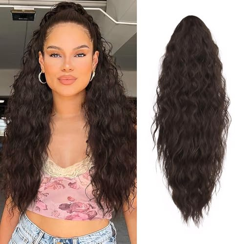 XFSRG 66cm Maislocken Pferdeschwanz Haarextension Zopf Haarteil Mit Klammer Haarverlängerung Echthaar Flauschige Pferdeschwanz Haarteile Echthaar Clips Für Party(Dunkelbraun)