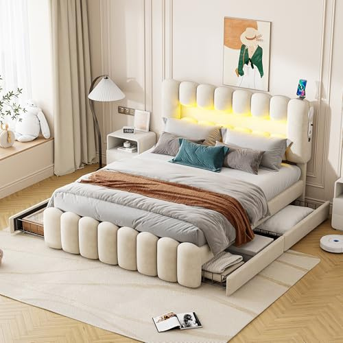 EINHOM Bett 160x200 cm, Polsterbett mit LED-Lichtleiste mit USB und Stereoanlage, Doppelbett mit Großer Stauraum, 4 Schubladen, Samt, Lattenrost, Ohne Matratze, Beige