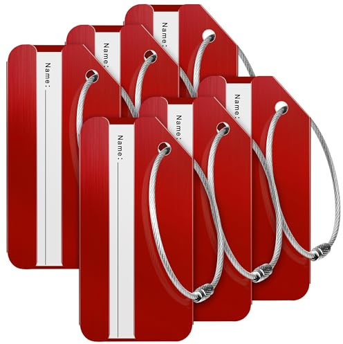 Travelambo 6 Pack Luggage Tags for Suitcases Aluminum Privacy Protection Bag Tags Luggage Identifier Travel Accessories Essentials (Red)
