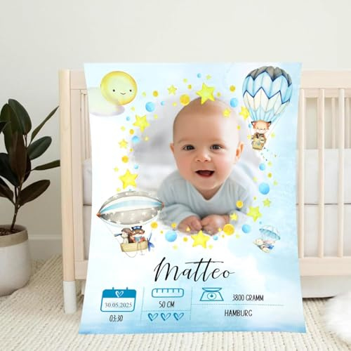 PLYIHE Personalisierte Babydecke mit Foto Namen Geburtsdatum,Baby Kuscheldecke Personalisiert Geschenk zur Geburt,Taufe Geburtstag Kuschelig Weich Baby Decke für Jungen & Mädchen