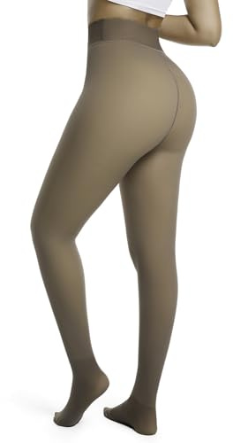 DIKER Medias Térmicas Mujer Invierno - Leotardos Mujer de Forro Polar, Medias Térmicas de Alta Elasticidad con Cintura Alta y Versión Alargada, Marrón Claro