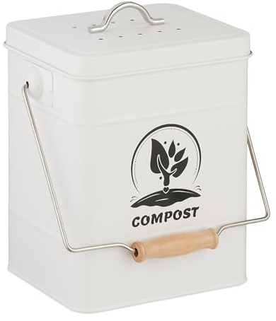 Relaxdays Komposteimer Küche, 6 l, Kleiner Mülleimer, weiß | Deckel und Geruchsfilter, Metall, Abfalleimer Biomüll