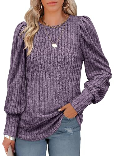 IVIR Women's Knit Jumpers Crew Neck Long Sleeve Sweater Ladies Casual Classic Plain Purple M