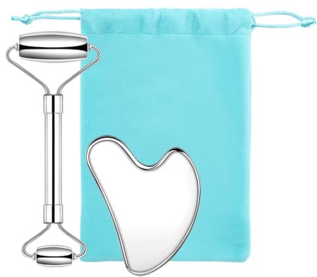 FIDWALL Stainless Steel Gua Sha Set – Metal Face Roller & Scraping Tool for Jawline Sculpting, Puffiness & Tension Relief, Includes Storage Bag, Lymphatic Massage Tool for Face, Neck, Eyes & Body