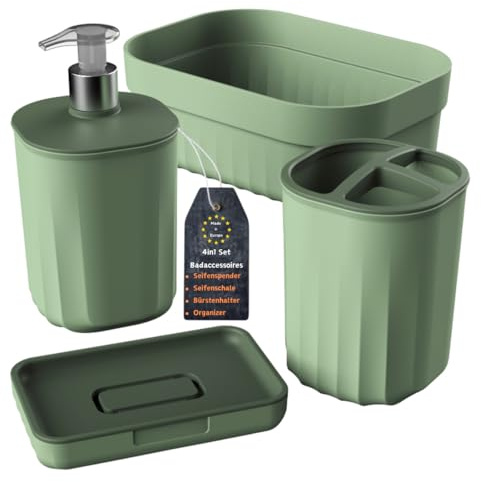 Engelland - Badezimmer Set, 4-teilig mit Seifenspender, Seifenschale, Zahnbürstenhalter und Organizer, modernes Design, robuster Kunststoff, BPA-frei, Rillen-Optik, Salbei-Grün