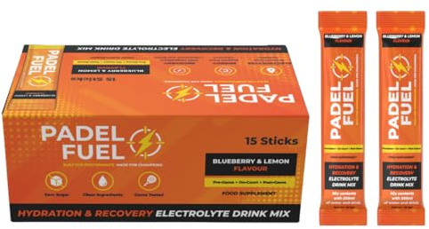 Padel Fuel Electrolytes | Hydration & Recovery Drink Mix | Zero Sugar | Electrolytes + BCAA + VIT C | Blueberry & Lemon Flavour | for Padel Players | 15 Sachets