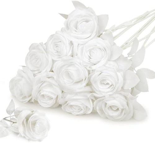 Woltoy 12 Stück Kunstblumen Strahlendes Weiß Echt,Künstliche Weiß Rosen Mit Stiel Und Blättern, Vorgeformter Strauß Für Vase, Hochzeit & Deko