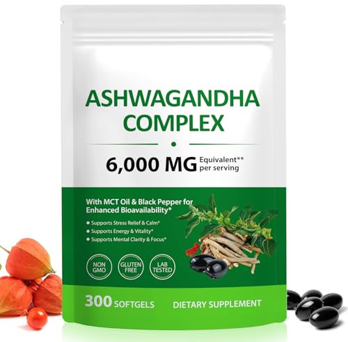 Ashwagandha KSM-66 Ashwagandha Softgels 6000mg Complex Ashwagandha Root Extract with MCT Oil & Black Pepper | Ashwagandha Powder Herbal Supplements for Women & Men