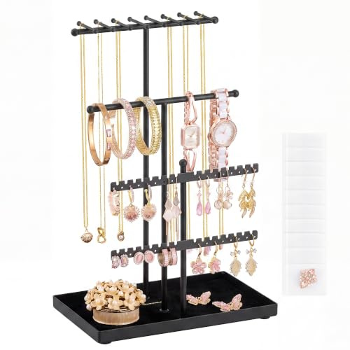 SONGMICS Schmuckständer, Kettenständer aus Metall und Samt, Ohrring Organizer mit Schmucktablett, 18 x 11 x 29,5 cm, Schwarz, Schminktisch Zubehör, CAELEY Kollektion JJS036B101 | Aufbewahrung für Halsketten, Ohrringe, Ringe, 18 x 11 x 29,5 cm, Schwarz, für Schminktisch, Kollektion Caeley JJS036B101