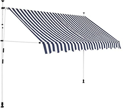 Klemmmarkise mit Handkurbel Balkonmarkise ohne Bohren Einziehbare Markise UV-beständig & höhenverstellbar, Balkonmarkise, Sonnenschutz wasserdich, Einfache Montage, 250 cm Blau/Weiß Gestreift