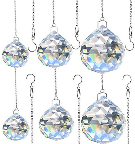 6 pièces Boule de Prisme de Cristal avec chaîne en métal, 30-40-50mm K9 Suspendus Boules de Prisme à facettes fenêtre Arc-en-Ciel Suncatcher décoration