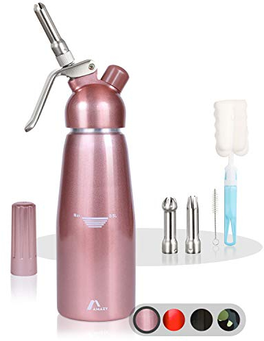 Amazy Sifon de Cocina para Espuma Profesional - Incluye 3 Accesorios Decorativos de Acero Inoxidable y 1 Cepillo Dispensador de Nata montada para Crema, Nata, Espuma y Soda (Rosa 500 ml)