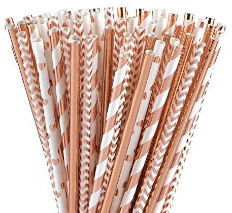ALINK Biodegradable Rose Gold Paper Straws Bulk, Pack of 100 Metallic Foil Striped/Wave/Heart Straws for Birthday, Wedding, Bridal/Baby Shower, Celebrations and Party Supplies
