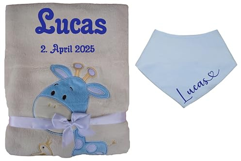 Wuff-Dogsworld Babydecke Beige mit Giraffen Motiv,Personalisiert mit Name und Geburtsdatum, Kuschlig Weich, Dreieckstuch Baby blau, Erstausstattung Neugeborene Jungen (beige Giraffe hellblau)