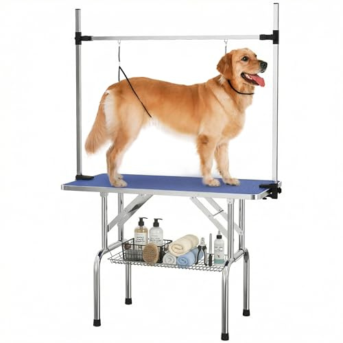 PawHut 42 Foldable Dog Grooming Table Adjustable Pet Cat Rubber Top Blue