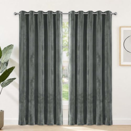 Yorkshire Bedding Grey Curtains for Living Room 66x90 Blackout Curtains Super Soft Thermal Insulated Ring Top Velvet Curtain 2 Panels with Tiebacks