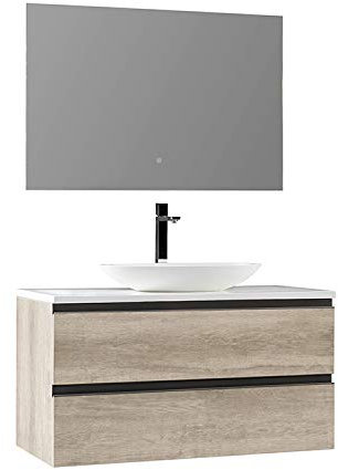 StoneArt Badmöbel-Set Mineralguss Waschbecken Waschschale Aufsatzwaschbecken und Unterschrank und LED Spiegel Touch-Sensor Waschtisch Monte Carlo MC-1000pro-3 eiche hell 100cm